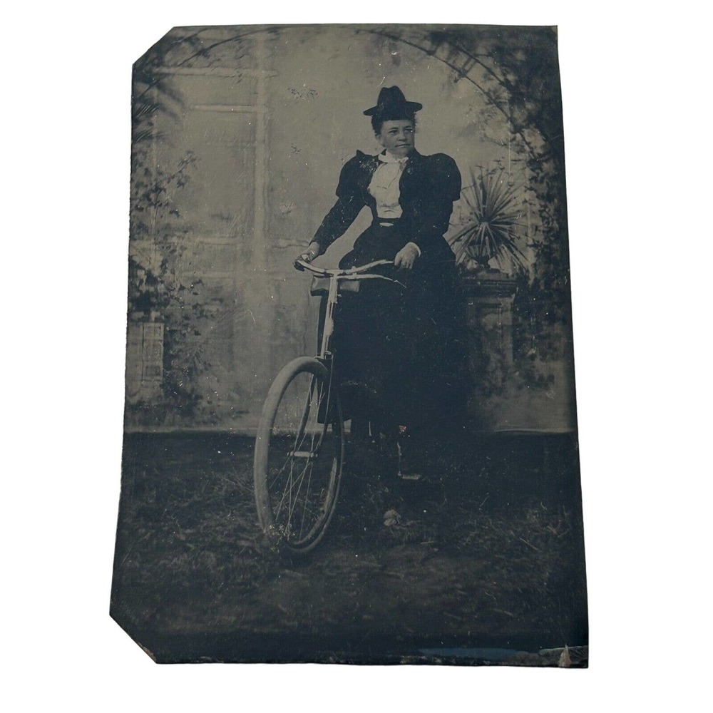 Tintype Woman on Bicycle Victorian Fancy Dressed Woman in Hat Found Photo